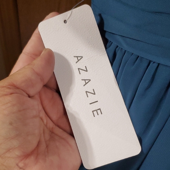 Azazie Angie Ink Blue Ruched V-Neck Midi Dress for Wedding Guest - Picture 2 of 7